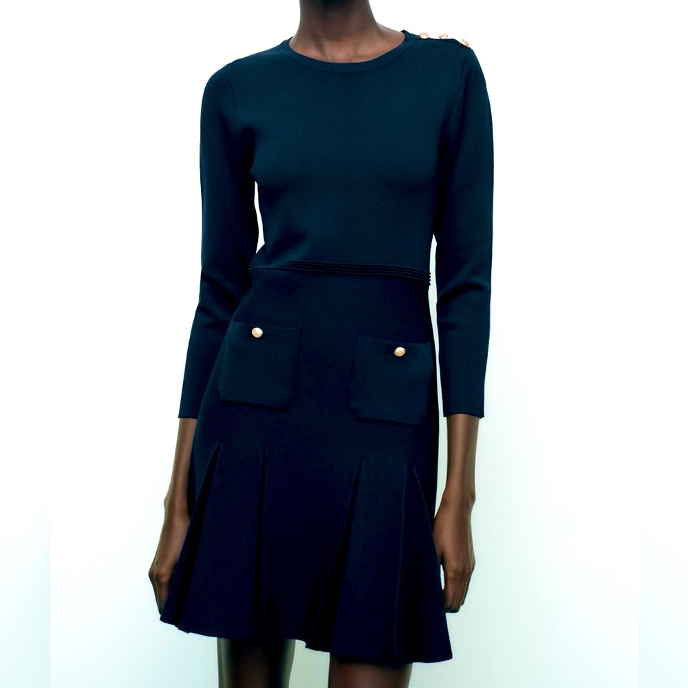 ZARA Knit Long Sleeve Pleated Dress with gold buttons